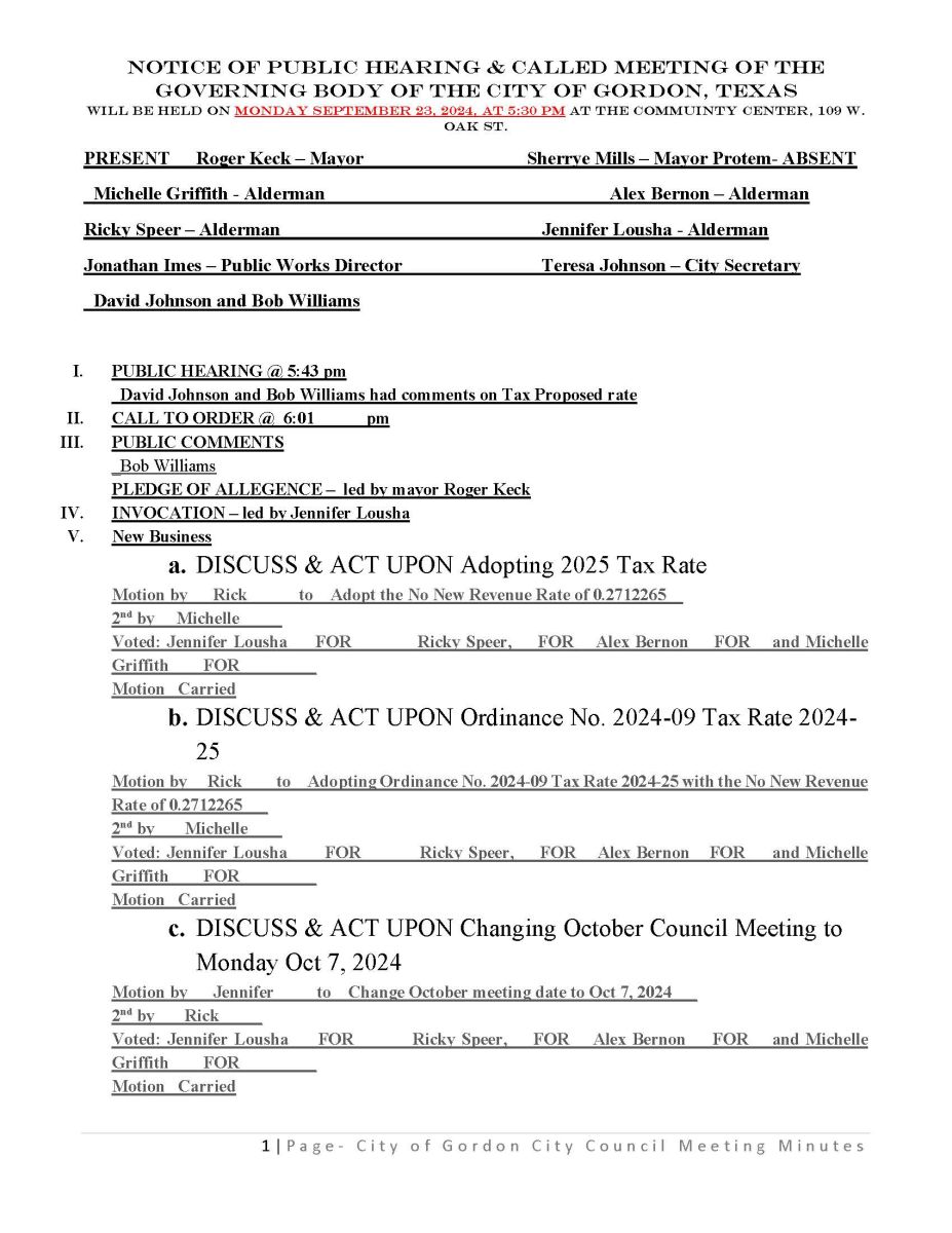 City Minutes - September 23, 2024 - Public Hearing and Called Meeting