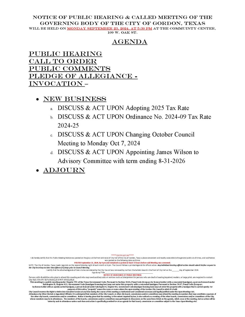 City Agenda - Called Public Hearing & Meeting September 23, 2024